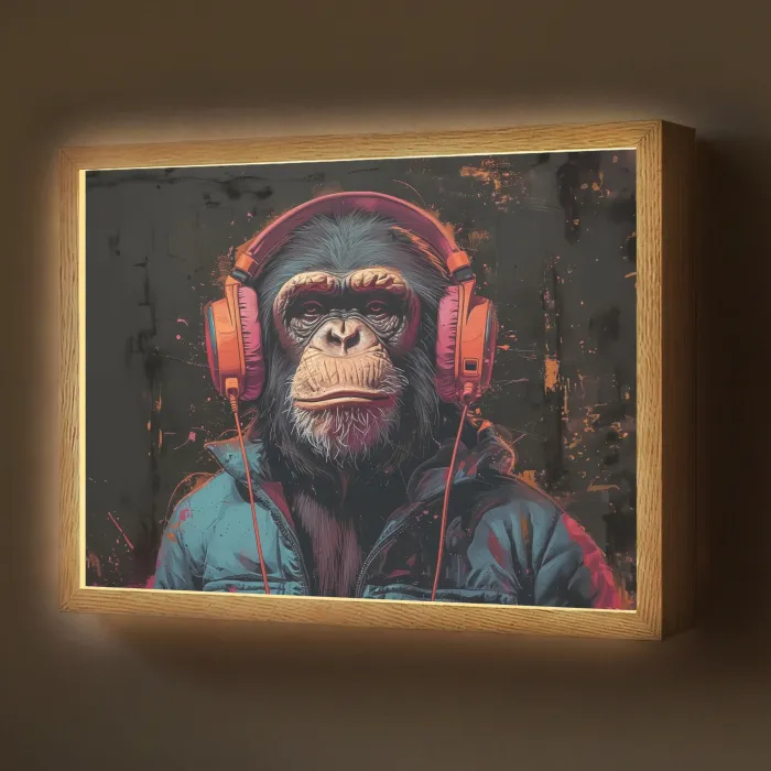 Graffiti - Chimpansee - Koptelefoon - Aap Light Box met batterij (Wandlamp) middel -z3d_website