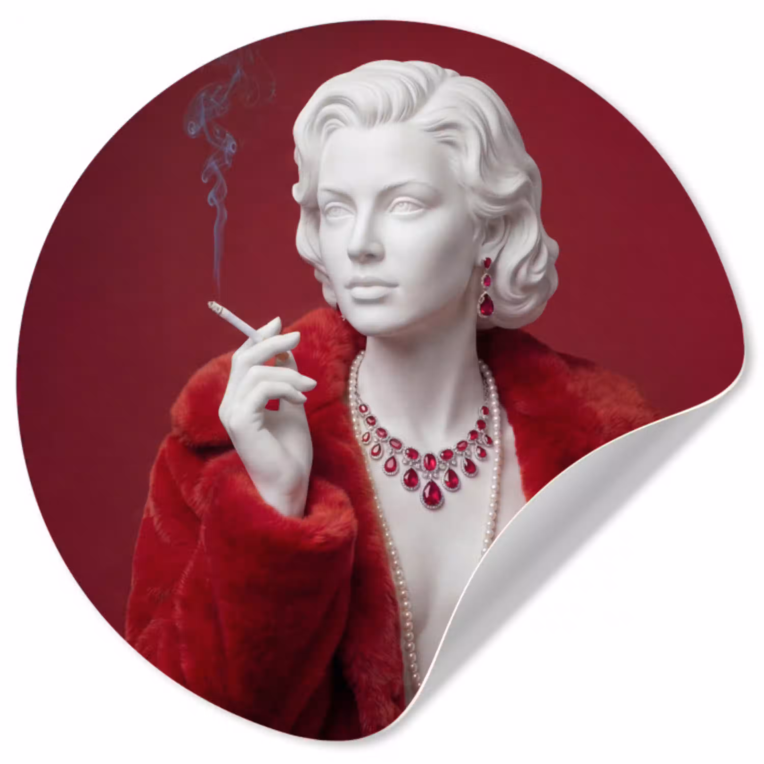 Vrouw - Bontjas - Mode - Klassiek - Rood Wandcirkel behangsticker klein -3d