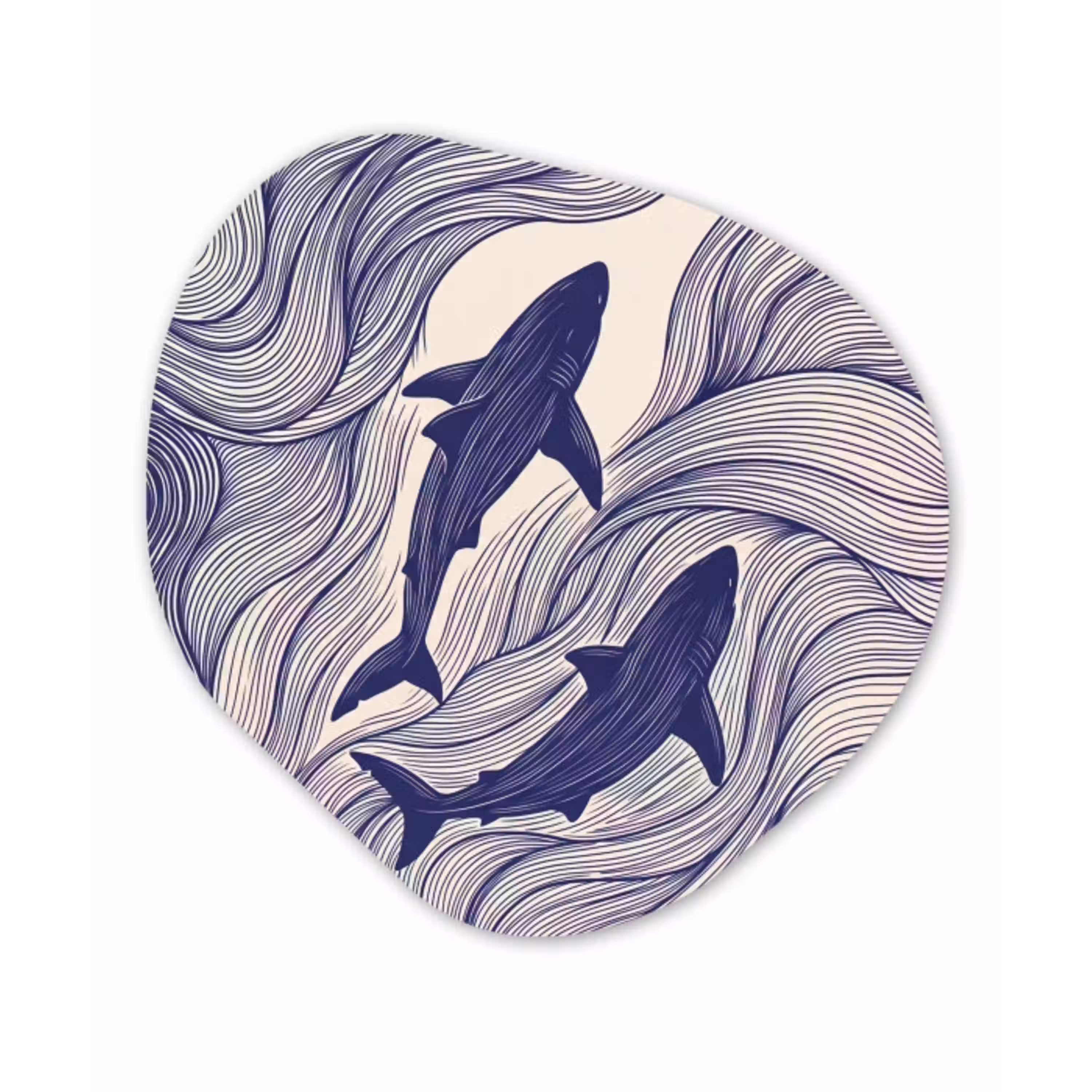 Vis - Oceaan - Lijntekening - Blauw - Dieren Wandcirkel Organisch Aluminium middel -3d