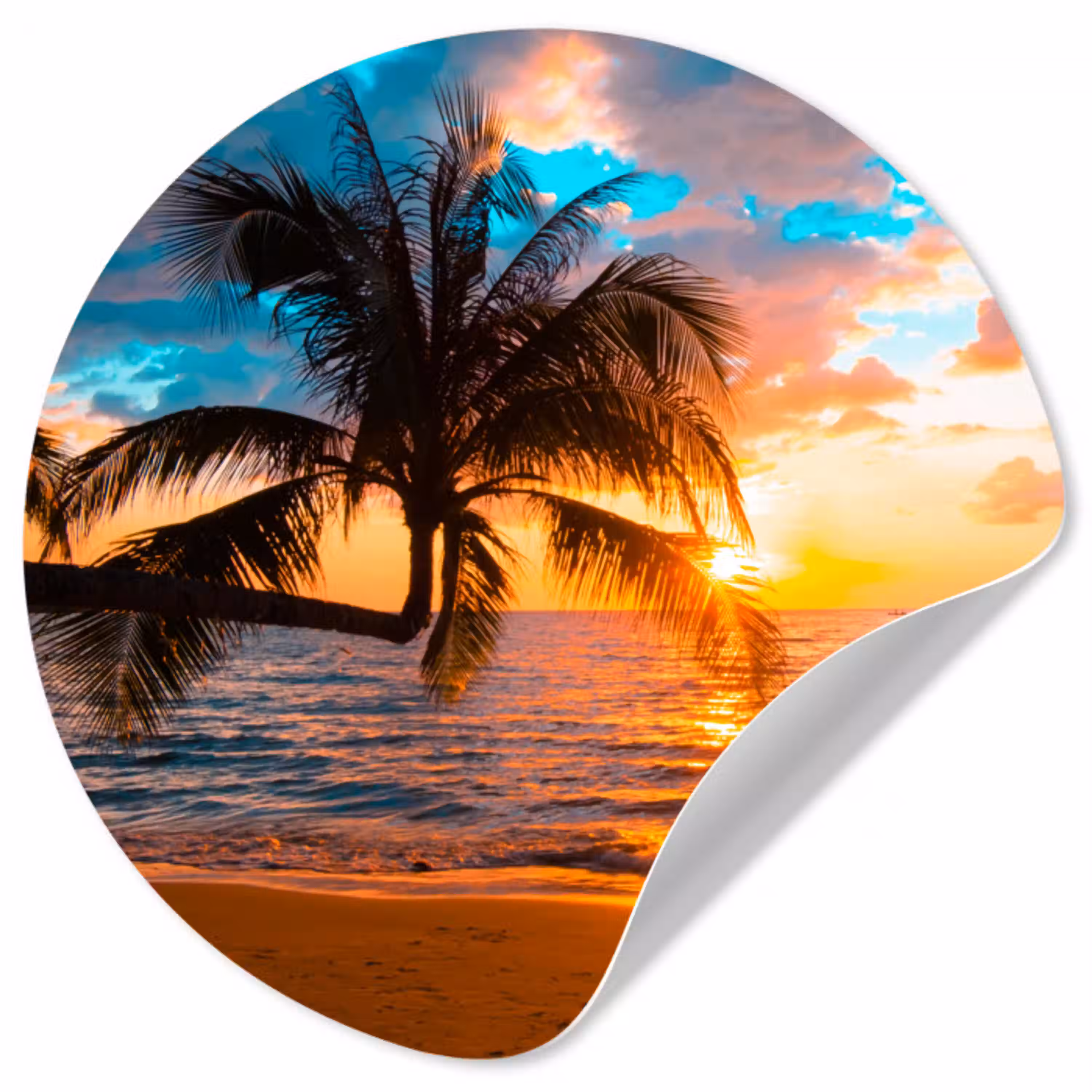 Palm - Zonsondergang - Horizon - Strand - Zee - Tropisch Wandcirkel behangsticker klein -3d