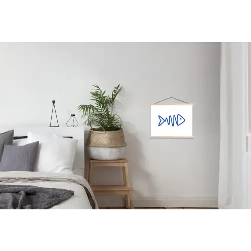 Vis - Minimalistisch - Blauw - Lijn textielposter latten blank klein -woonkamer