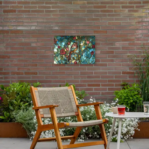 Vogel - Tak - Rozen - Mozaïek Tuinposter op houten frame 2 cm dik klein -sfeer3