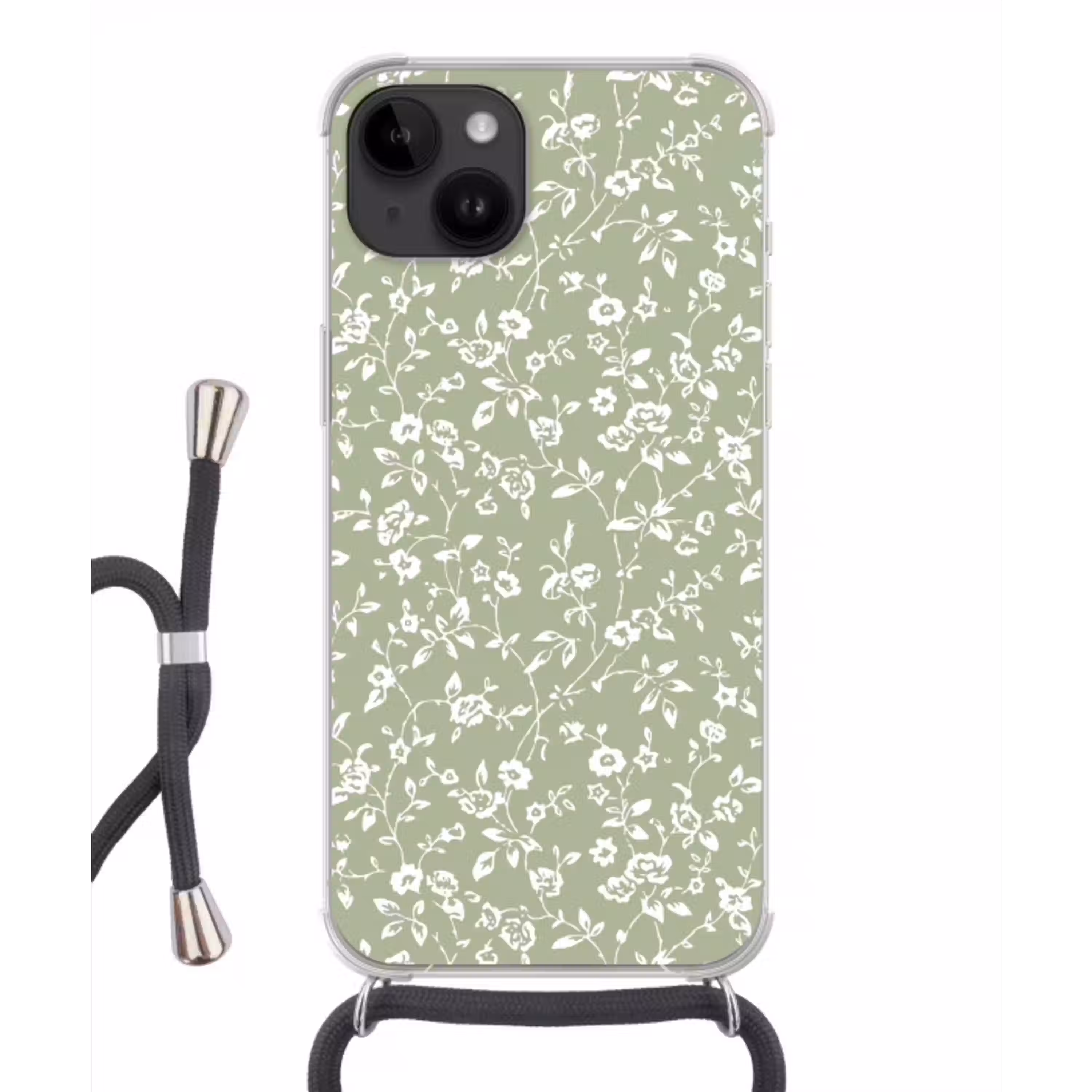 Bloemen - Print - Groen - Wit Crossbody Case iPhone 14 middel -3d