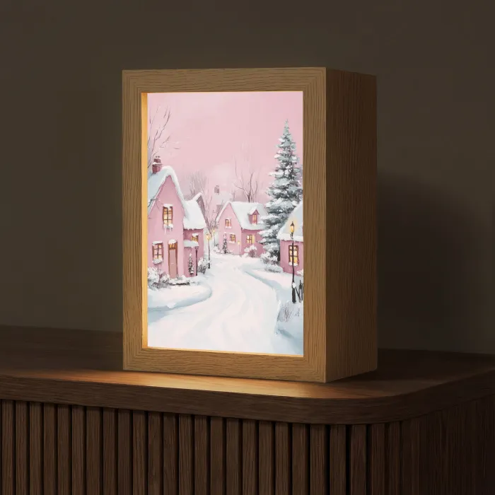 Kerstdorp - Roze - Winter - Sneeuw - Huizen Light Box met kabel (Tafellamp) klein -z3d_website