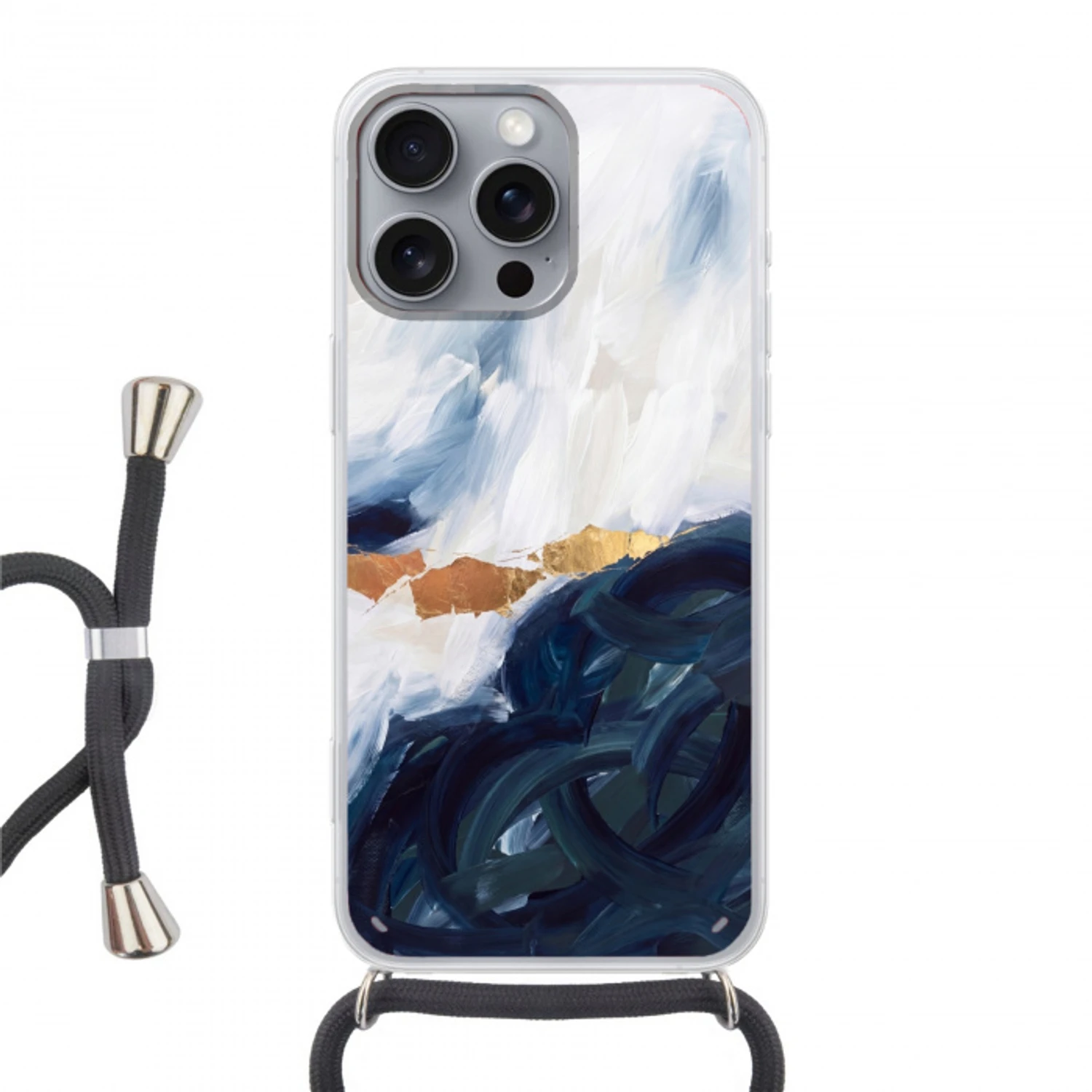 Abstract - Acryl - Blauw - Goud - Elegant Hoesje iPhone 16 Pro Max met koord klein -3d
