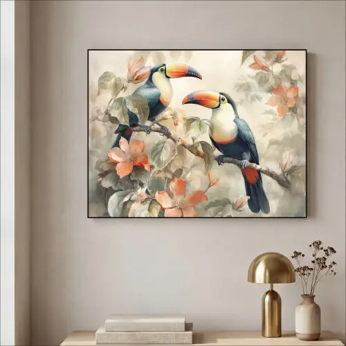 Toekan - Vogels - Bloemen - Tak Textielframe zwart klein -sfeer2
