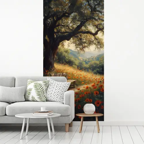 Bankje - Boom - Klaprozen - Heuvels fotobehang vinyl groot -woonkamer
