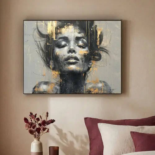 Vrouw - Kunst - Goud - Abstract - Glamour Textielframe zwart klein -sfeer1