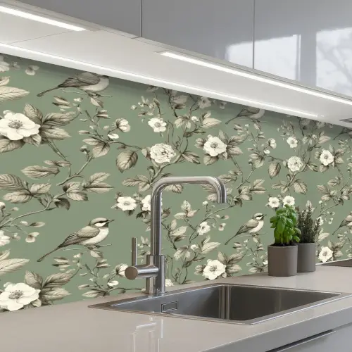 Botanisch - Vogels - Groen keuken achterwand 2 middel 871 -3d_schuin