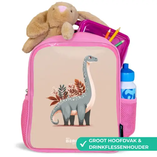 Blauwe dinosaurus op een beige achtergrond Kinderrugzak - Roze middel -inhoud_NL