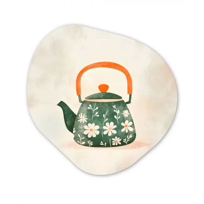 Theepot - Groen - Bloemen - Oranje Wandcirkel Organisch Plexiglas middel -3d