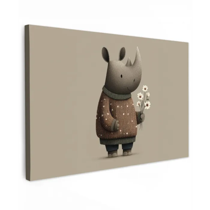 Neushoorn - Witte bloemen - Lief canvas 2cm klein -z3d