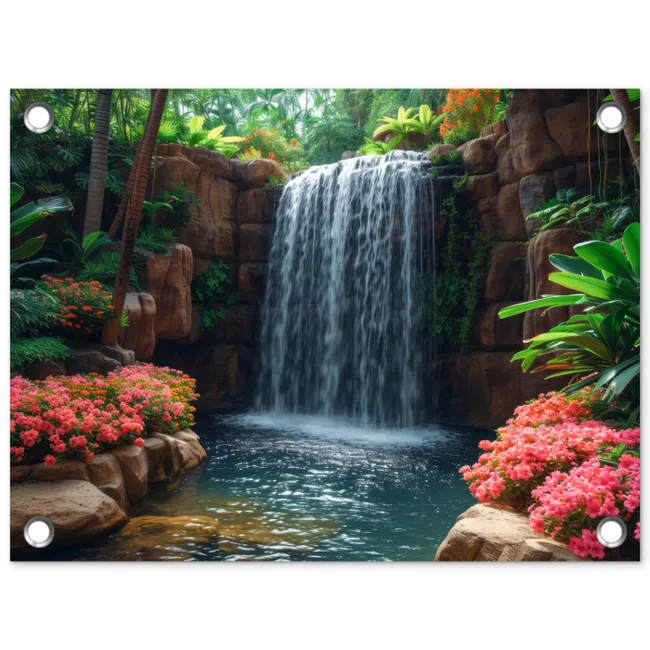 Waterval in Bloeiende Tropische Tuin tuinposter los doek klein -3d