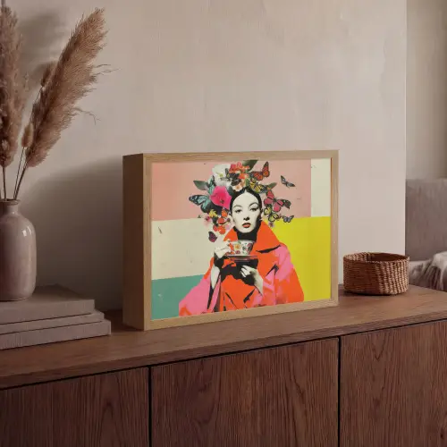 Retro - Vrouw - Kopje - Vlinders Light Box met batterij (Wandlamp) middel -sfeer2