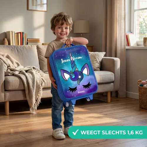 Paarse eenhoorn Kinderkoffer - Blauw klein -sfeer2_NL