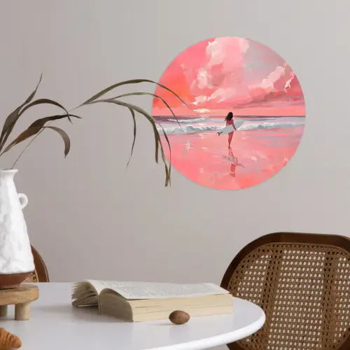 Roze - Surfen - Zee Wandcirkel behangsticker klein -sfeer3