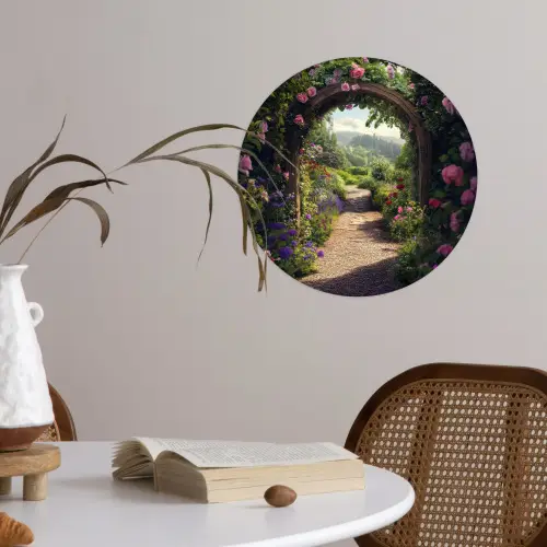 Doorkijk - Landschap - Bloemen - Rozenboog - Natuur Wandcirkel behangsticker klein -sfeer3