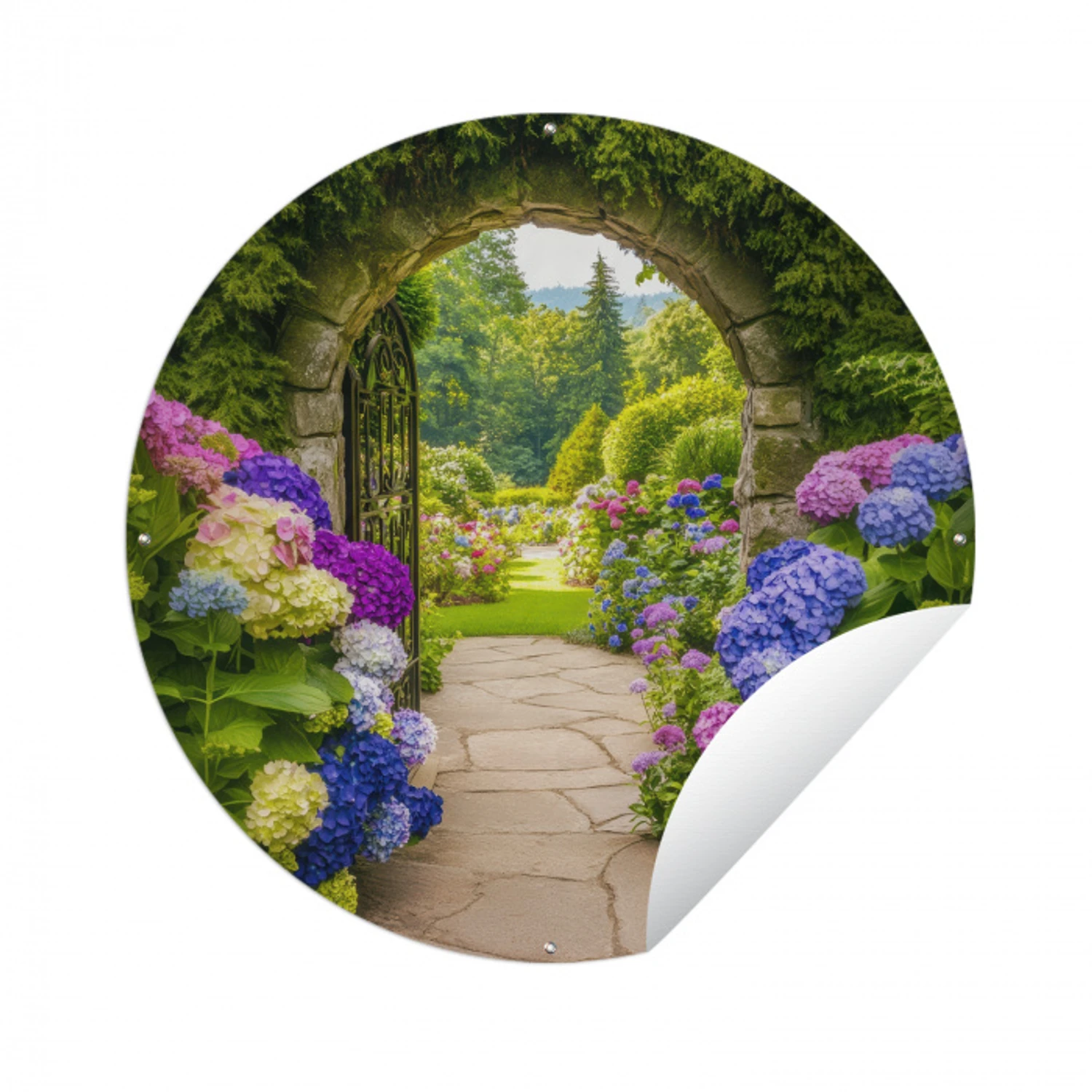 Doorkijk - Poort - Hortensia - Bloementuin Wandcirkel tuinposter met ringen klein -3d