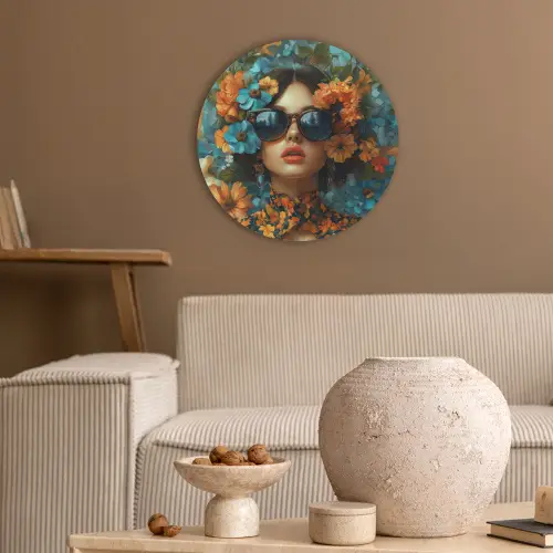 Vrouw - Bloemen - Oranje - Blauw - Modern Akoestische PET Vilt - Rond klein -sfeer1