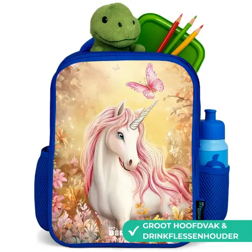 Eenhoorn - Vlinder - Roze - Manen Kinderrugzak - Blauw middel -inhoud_NL