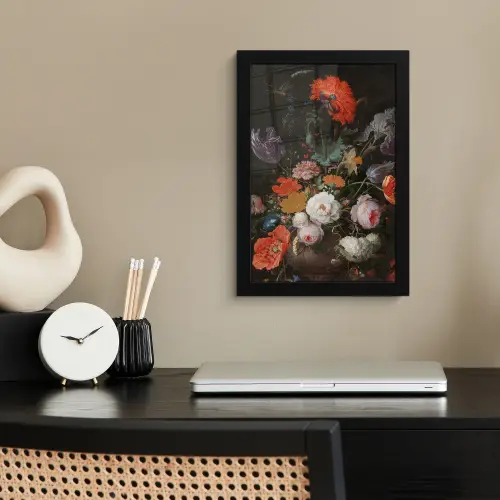 Stilleven met bloemen en een horloge - Schilderij van Abraham Mignon fotolijst zwart zonder passe partout klein -sfeer1