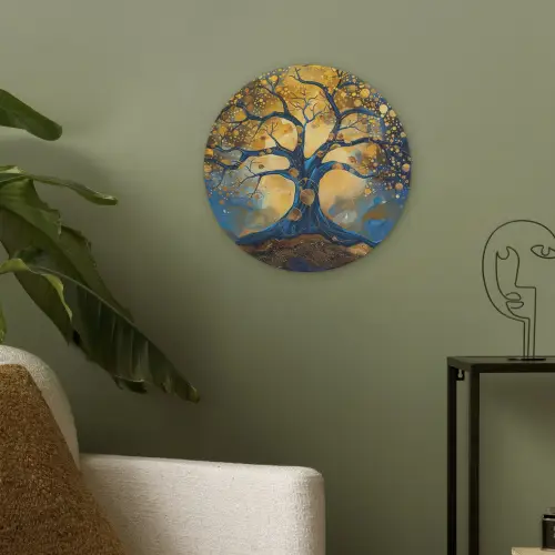 Boom - Levensboom - Blauw - Goud Akoestische PET Vilt - Rond klein -sfeer2