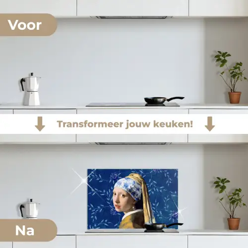 Meisje met de parel - Delfts blauw - Vermeer - Bloemen - Schilderij - Oude meesters keuken achterwand spatscherm klein -voor_na_NL