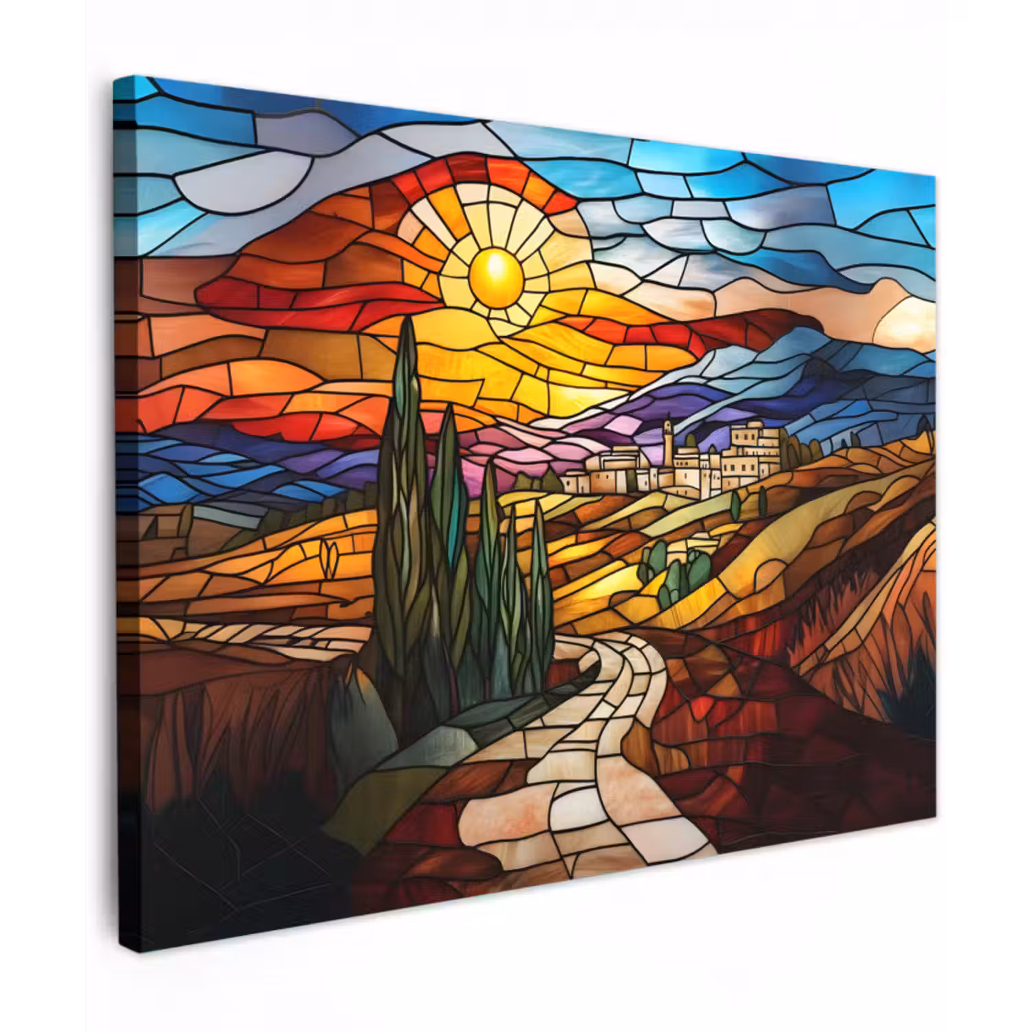Leinwandbild - Mosaik - Sonne - Landschaft - Dorf