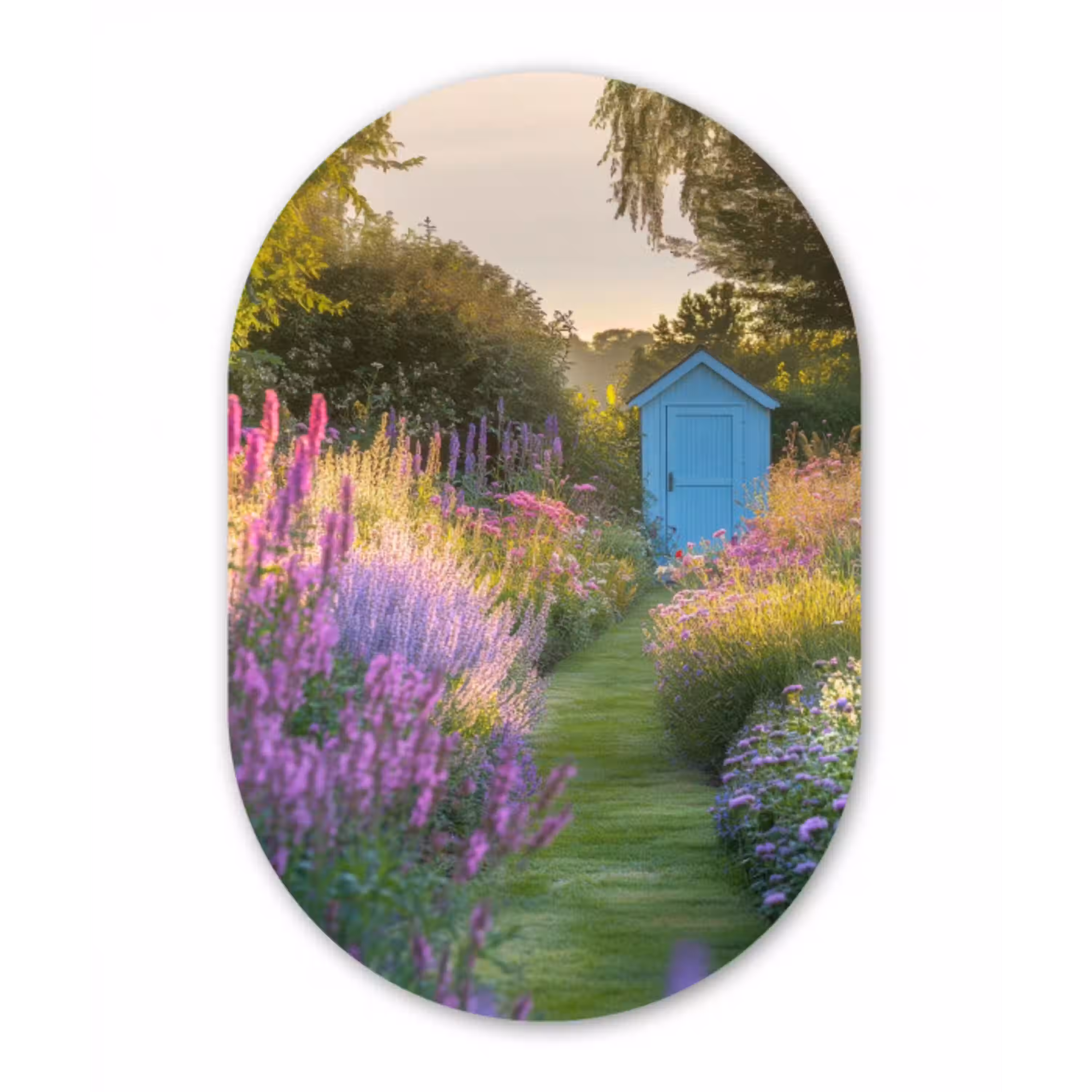 Tuinhuisje - Blauw - Bloemen Wandcirkel Ovaal Aluminium middel -3d