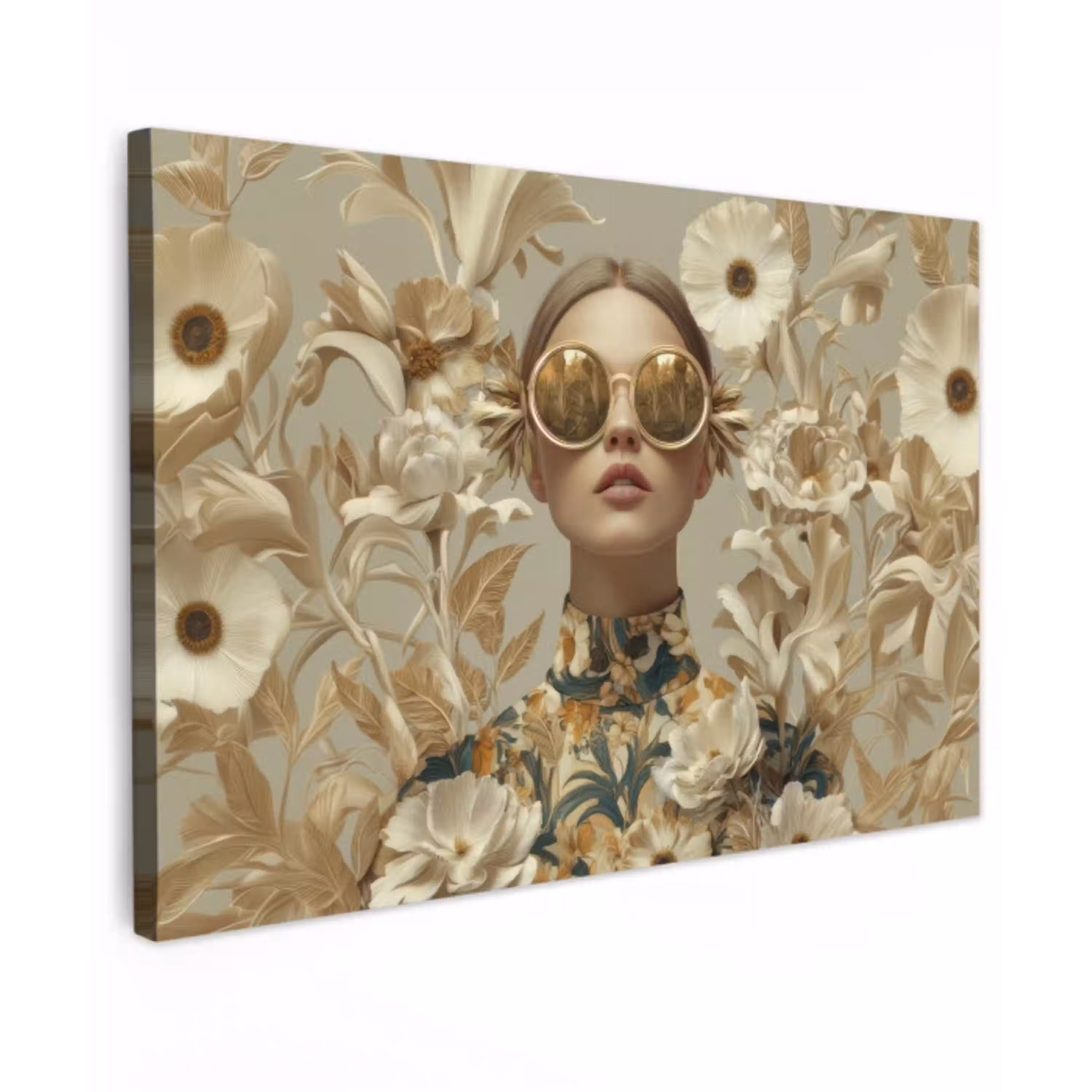 Vrouw - Bloemen - Zonnebril - Wit Tuinposter op houten frame 2 cm dik klein -3d