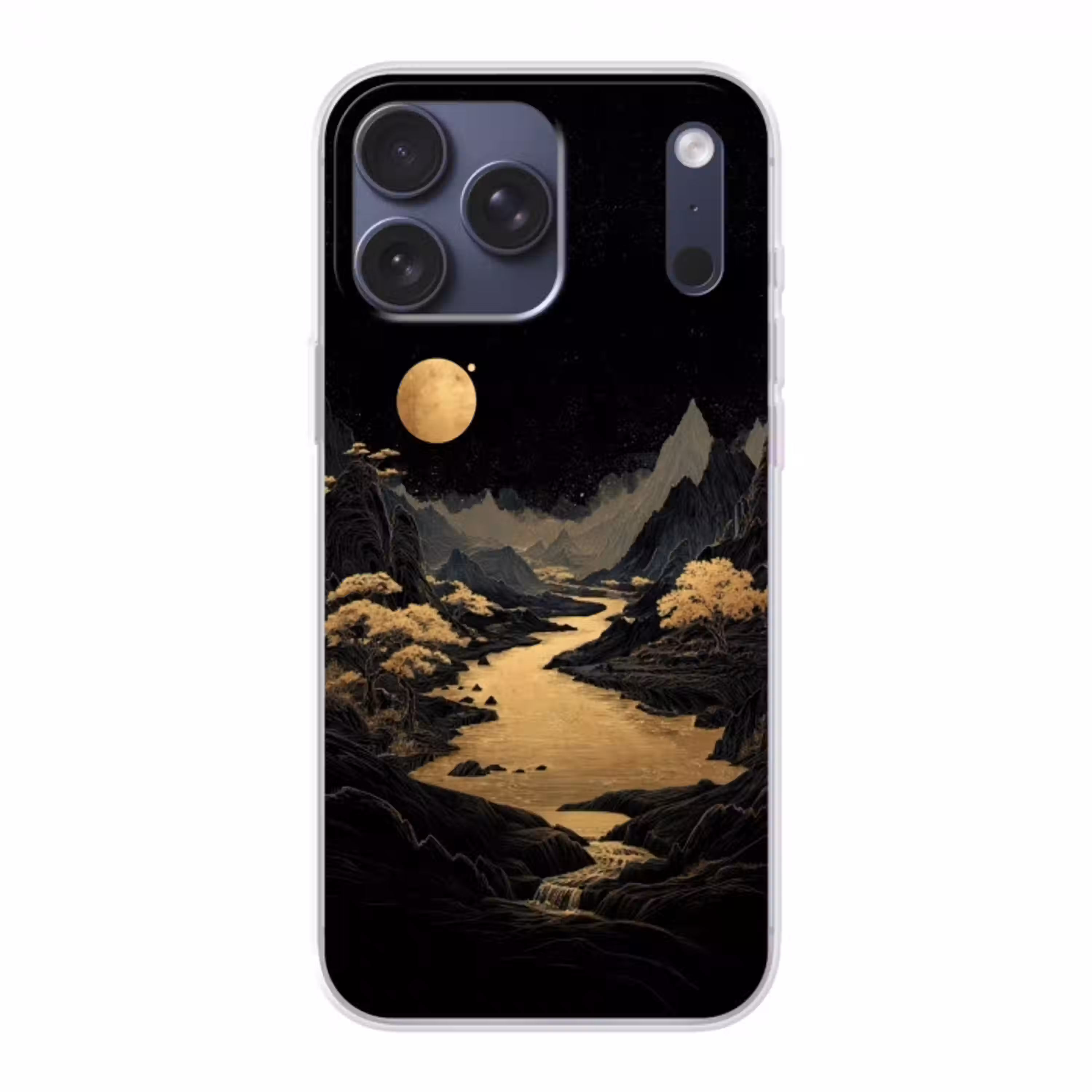 Gouden rivier - Bergen - Maan - Sterrenhemel Telefoonhoesje iPhone 17 Pro Max klein -3d