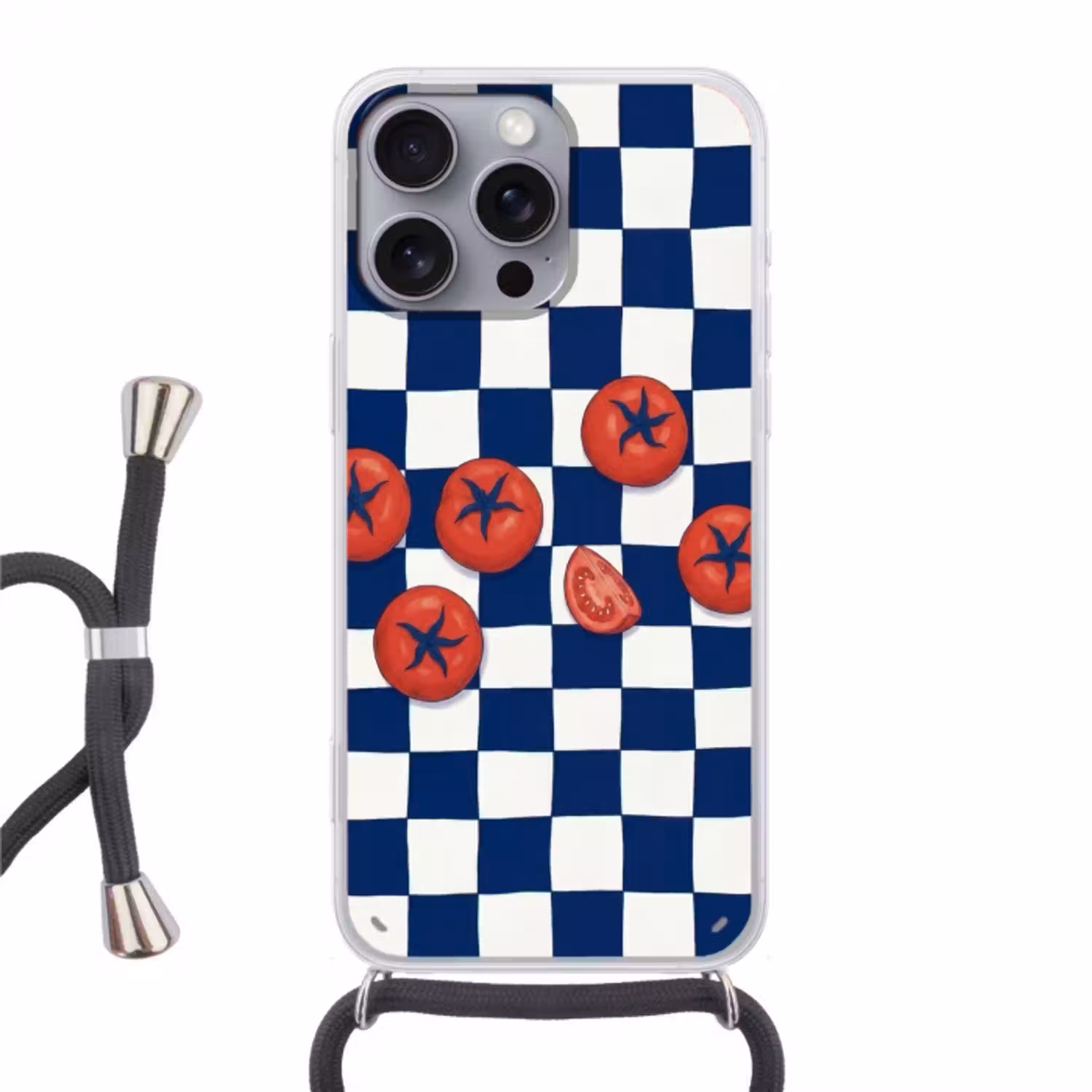 Eten - Tomaten - Keuken - Illustratie - Rood-Blauw Hoesje iPhone 16 Pro Max met koord klein -3d