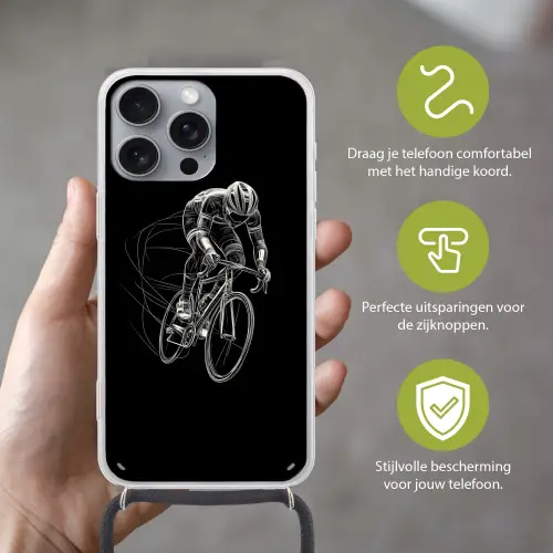 Lijntekening - Wit - Wielrennen - Snelheid Hoesje iPhone 16 Pro Max met koord klein -sfeer2_NL