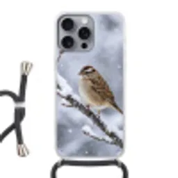 Vogel - Tak - Sneeuw - Winter Hoesje iPhone 16 Pro Max met koord klein -3d