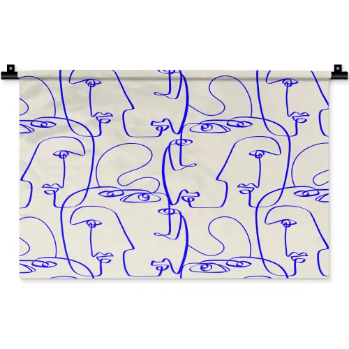 Gezicht - Blauw - Lijnen - Beige Wandkleed katoen klein 269 -zz3d