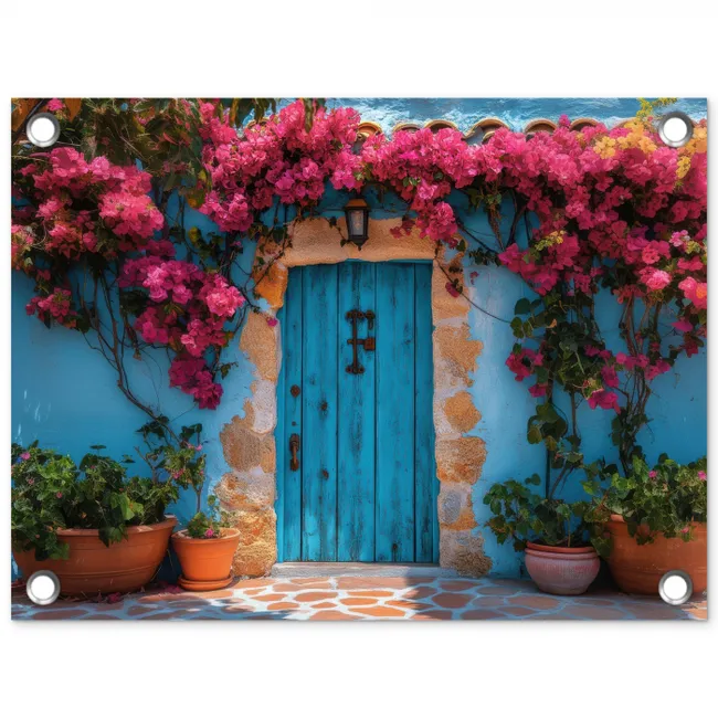 Deur - Hout - Bloemen - Blauw tuinposter los doek klein -3d