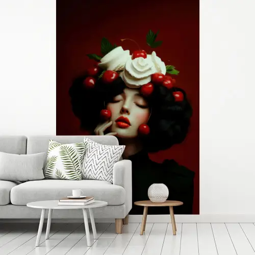 Vrouw - Kersen - Slagroom fotobehang vinyl groot -woonkamer
