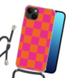 Schaakbord print - Oranje - Roze - Blokjes Crossbody Case iPhone 14 middel -sfeer1