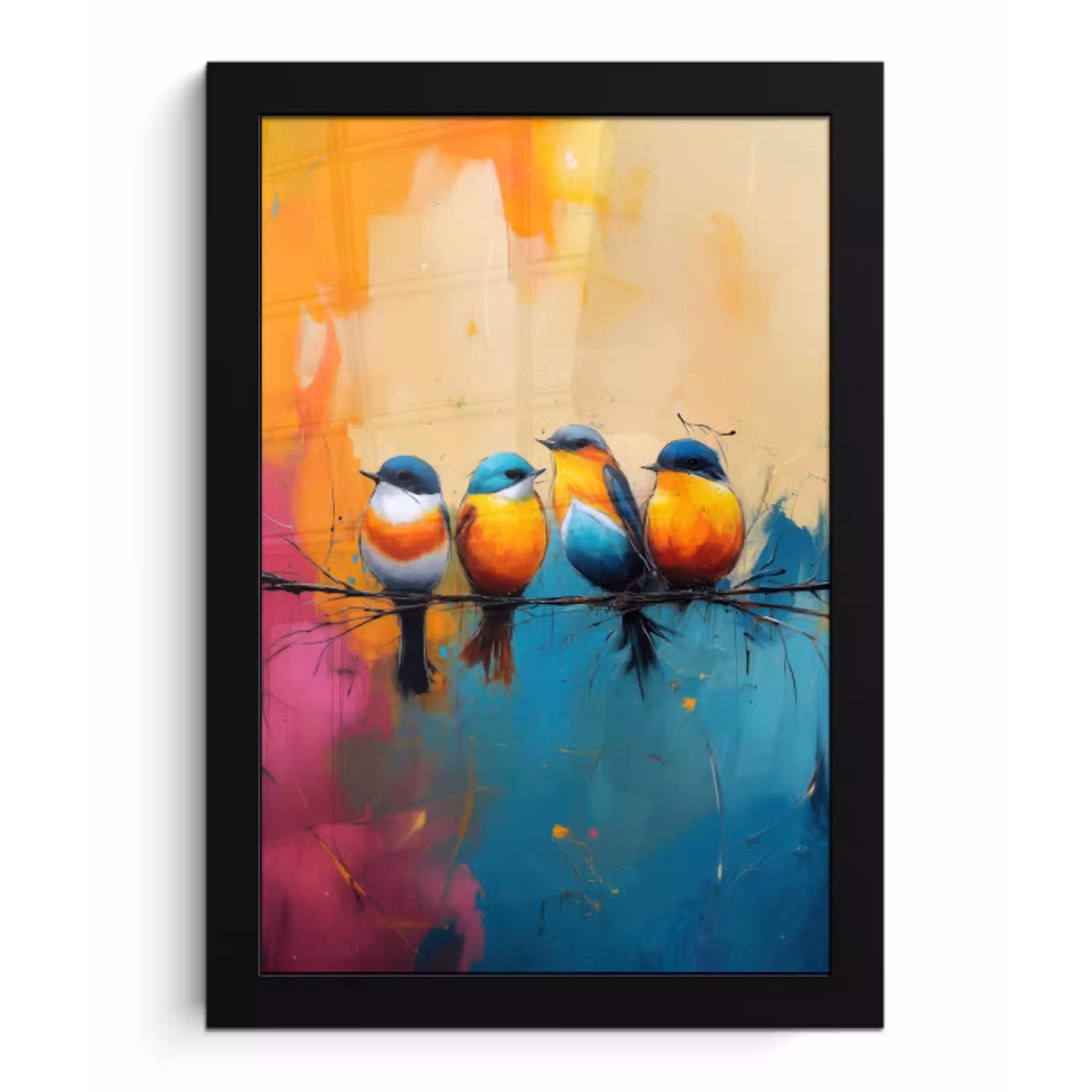Vogels - Kleurrijk - Tak - Abstract fotolijst zwart zonder passe partout klein -3d