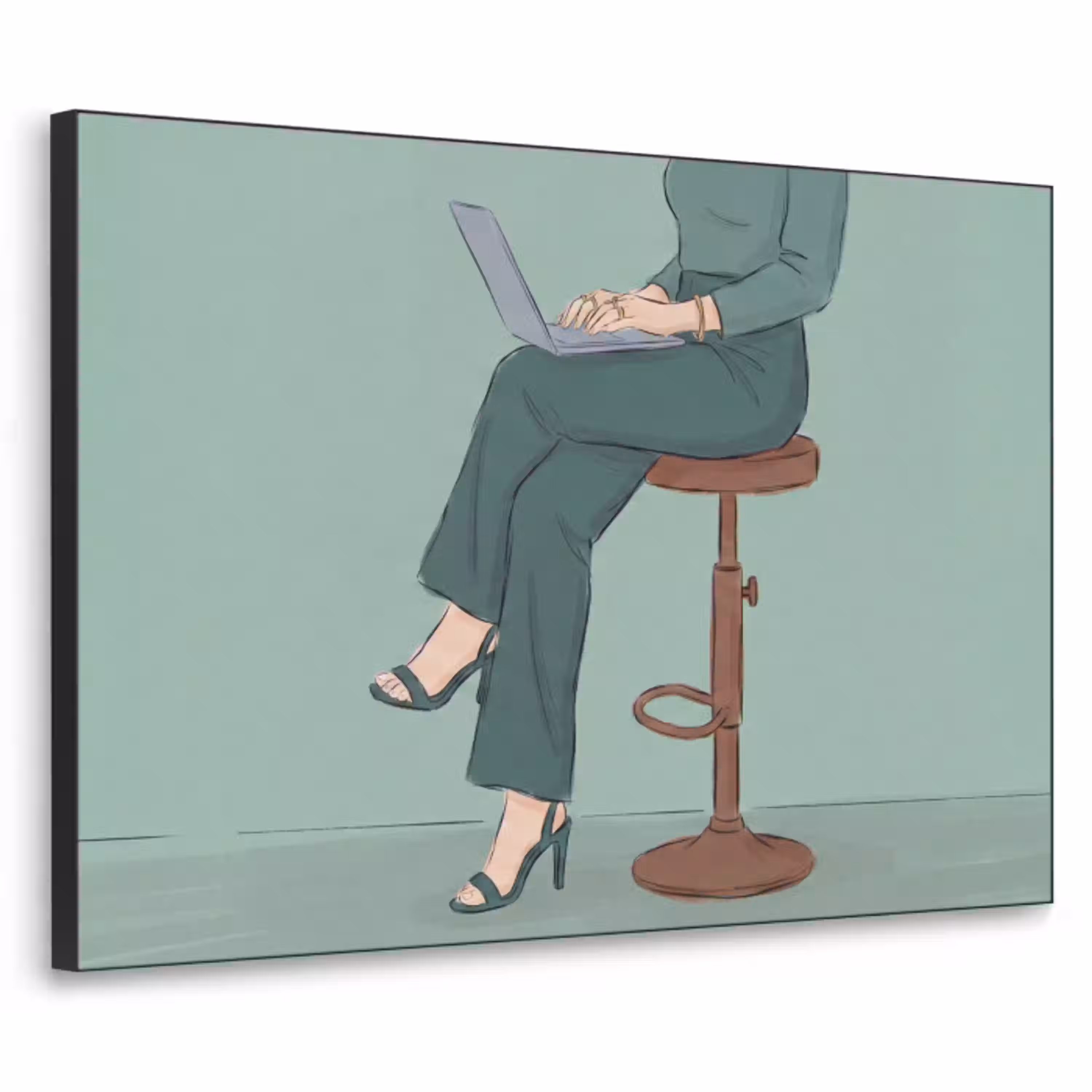 Vrouw - Laptop - Zittend - Illustratie - Groen Textielframe zwart klein -3d