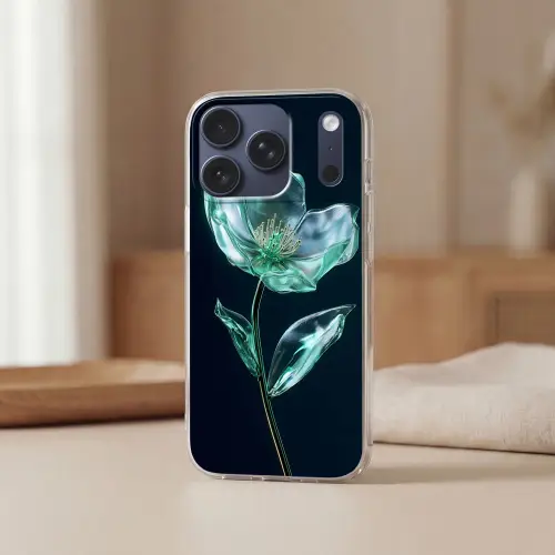 Bladeren - Bloem - Glazen - Donkerblauw Telefoonhoesje iPhone 17 Pro klein -sfeer2
