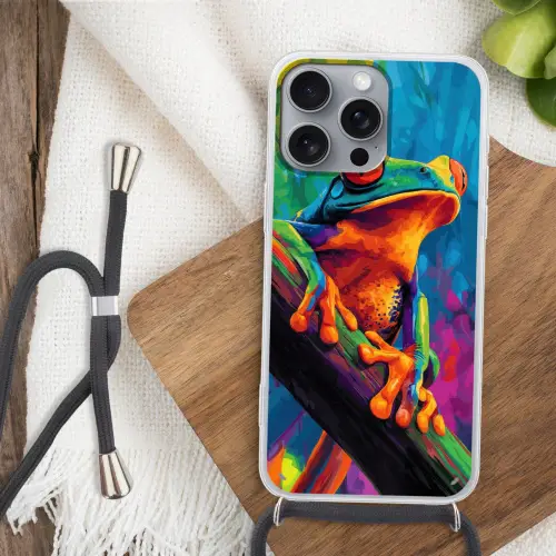 Kikker - Felgekleurd - Tak - Regenboog Hoesje iPhone 16 Pro Max met koord klein -sfeer4