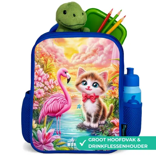Kitten met flamingo in tropisch bloemenparadijs Kinderrugzak - Blauw middel -inhoud_NL