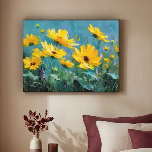 Penseelstreken - Bloemen - Felgeel - Abstract Textielframe - compleet frame klein -sfeer1