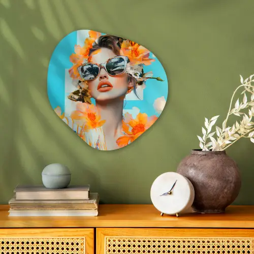 Bloemen - Vrouw - Zonnebril - Blauw Wandcirkel Organisch Forex 3mm klein -sfeer2
