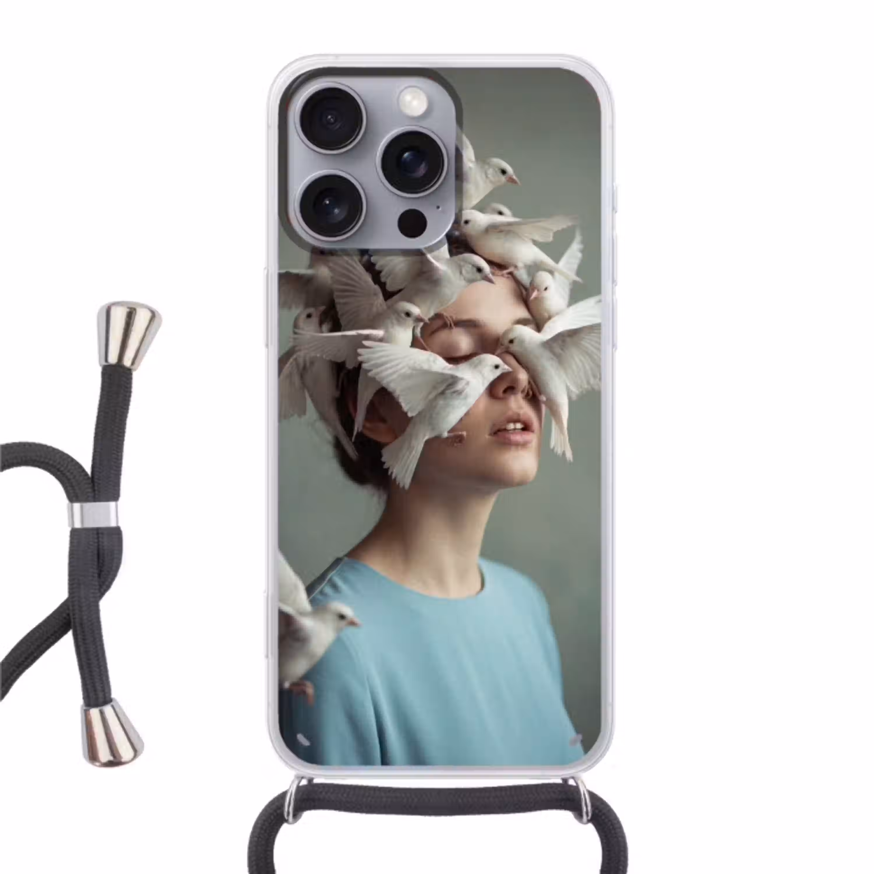 Vrouw - Vogels - Abstract - Modern - Wit Hoesje iPhone 16 Pro Max met koord klein -3d