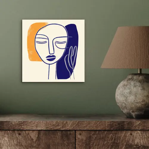 Minimalistisch - Gezicht - Hand - Oranje - Blauw aluminium wit klein -sfeer2