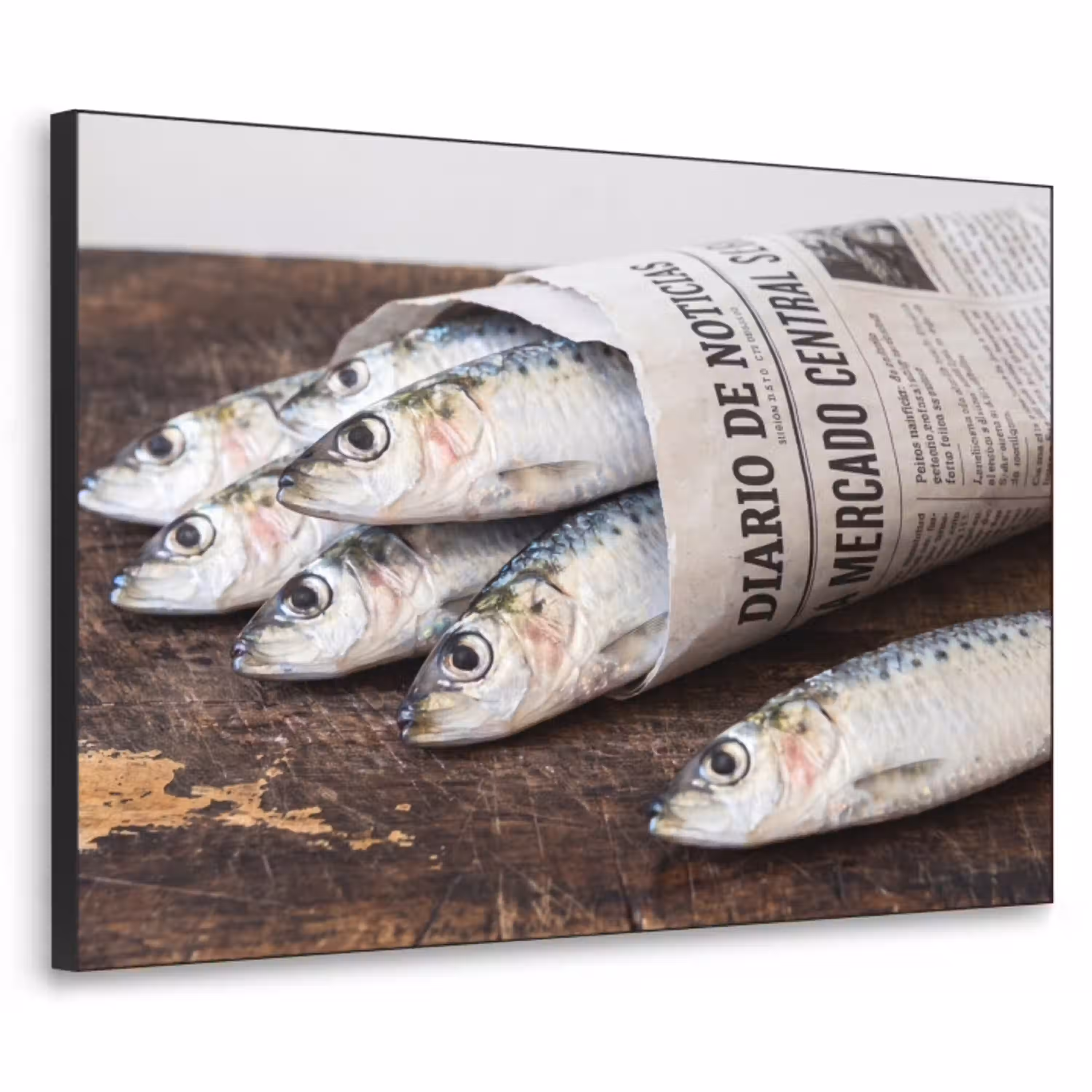Sardientje - krant - snijplank Textielframe zwart klein -3d