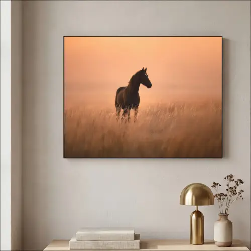 Paard - Grasveld - Zonsondergang Textielframe zwart klein -sfeer2