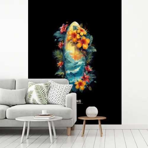Surfplank omringd door bloemen fotobehang vinyl groot -woonkamer